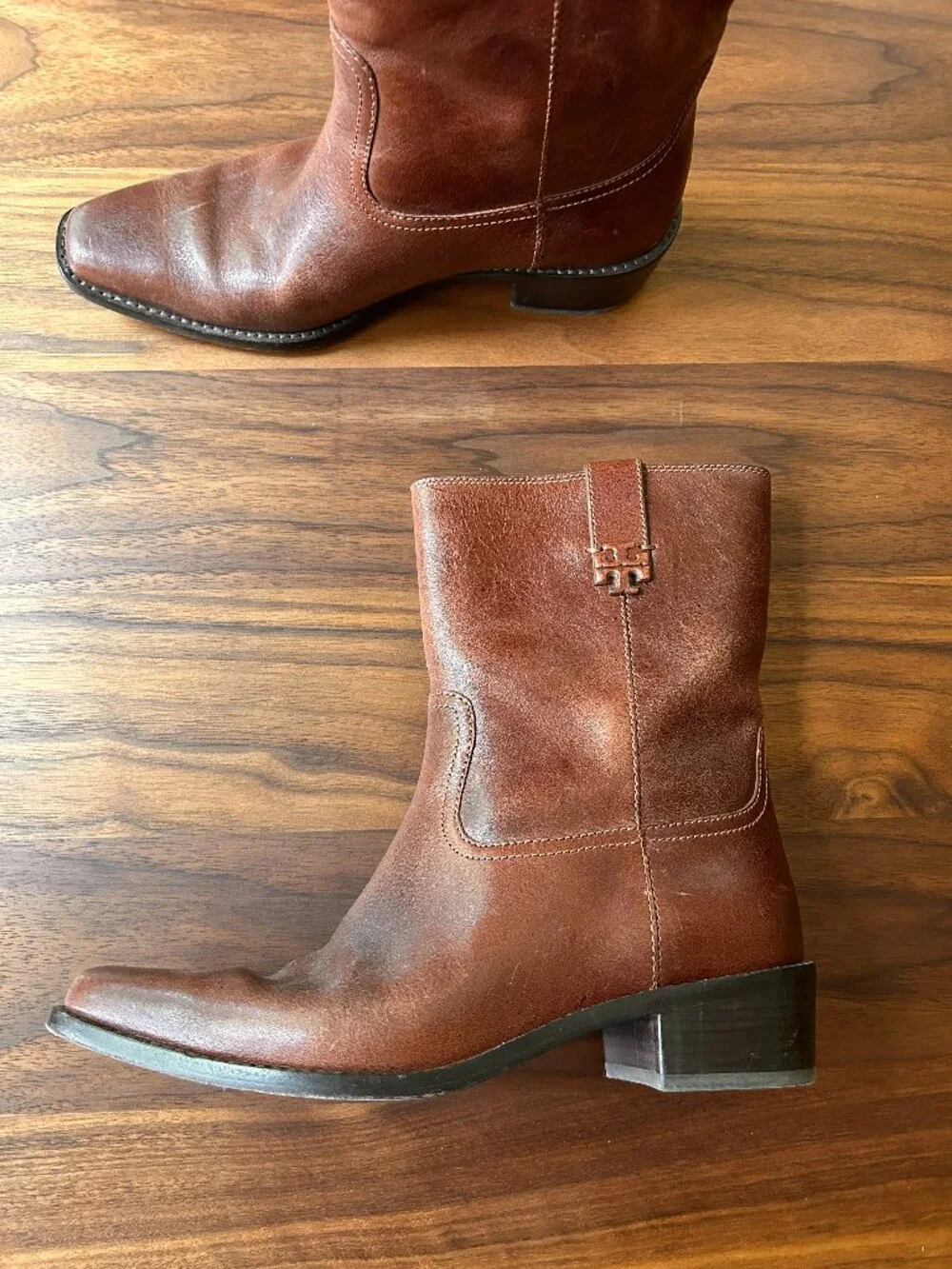 Tory Burch Double T Western Mid-Calf Leather Boots Brown sz 8.5